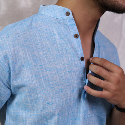 Blue Soft Linen Cotton Blend Half Sleeve Kurta