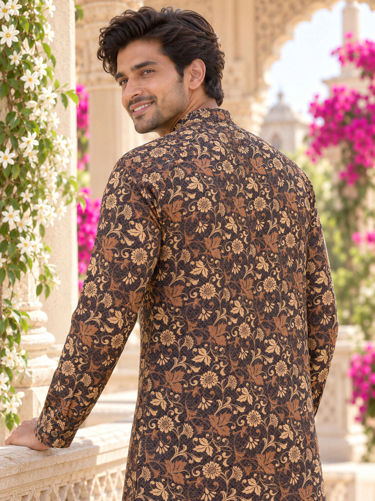 Dark Brown Vintage Printed Men's Kurta