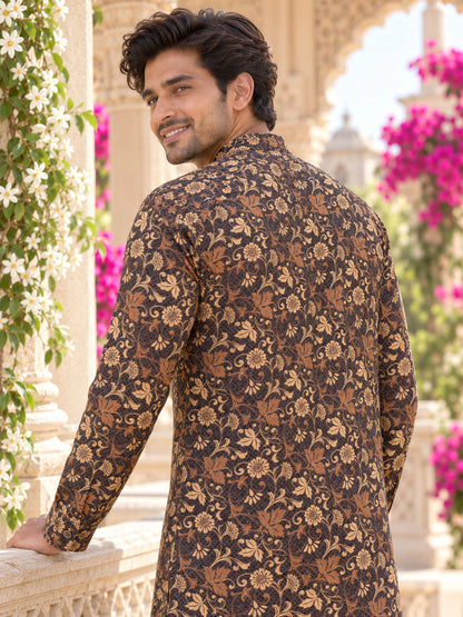 Dark Brown Vintage Printed Men's Kurta