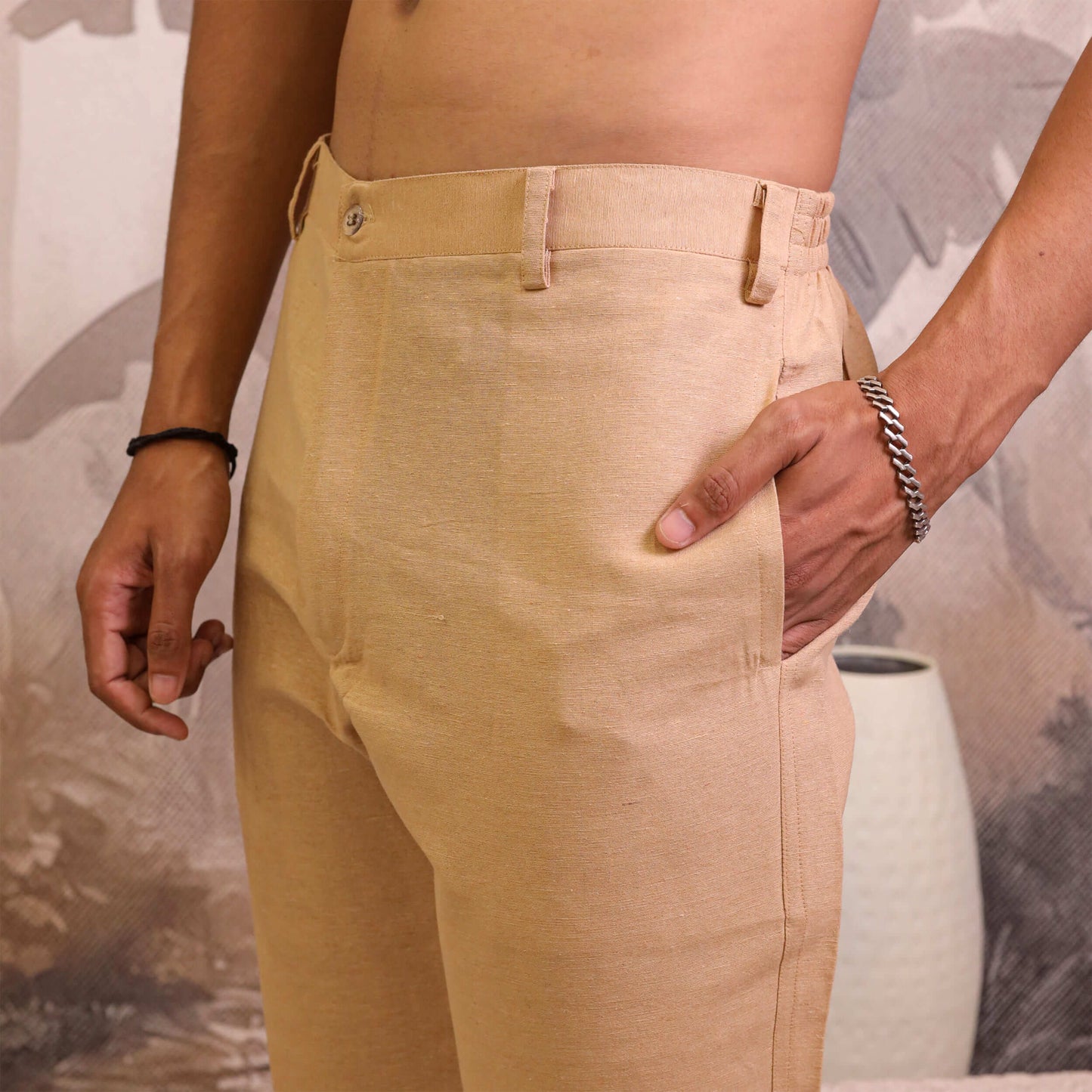 Beige cotton pants for men back pocket detail with handwoven cotton fabric