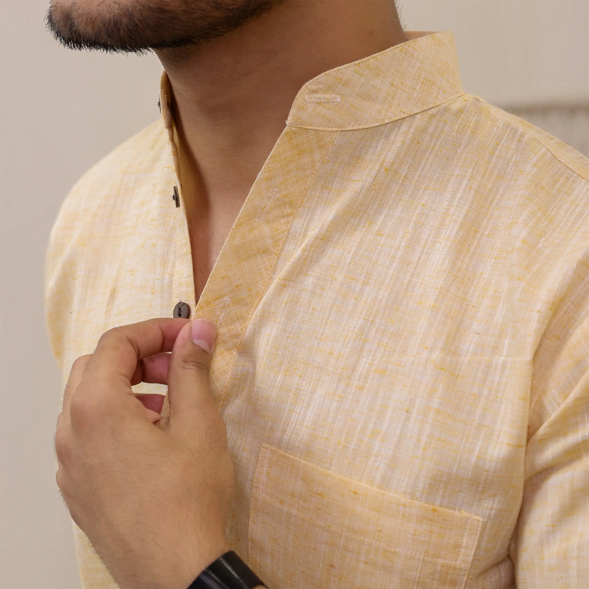 Yellow Soft Linen Cotton Blend Half Sleeve Kurta