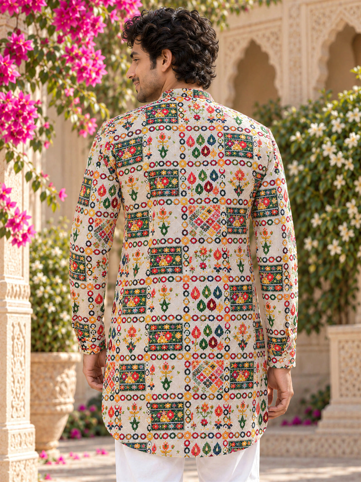 Cream Geometric Printed Men's Kurta