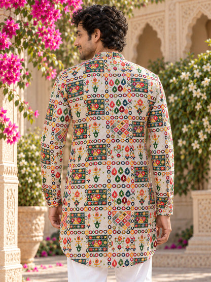 Cream Geometric Printed Men's Kurta