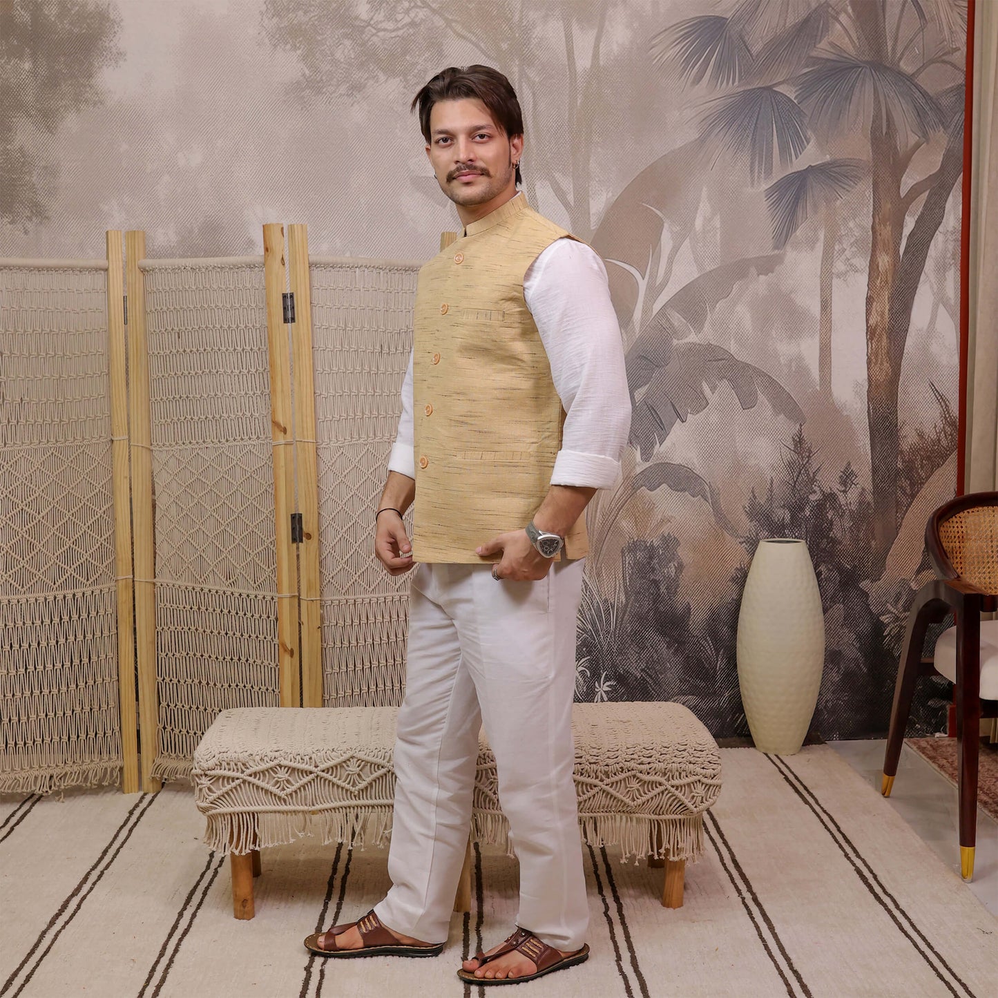 Side view of Brown Handloom Cotton Bhagalpur Modi Jacket for Men | Kargham in a traditional ethnic look.