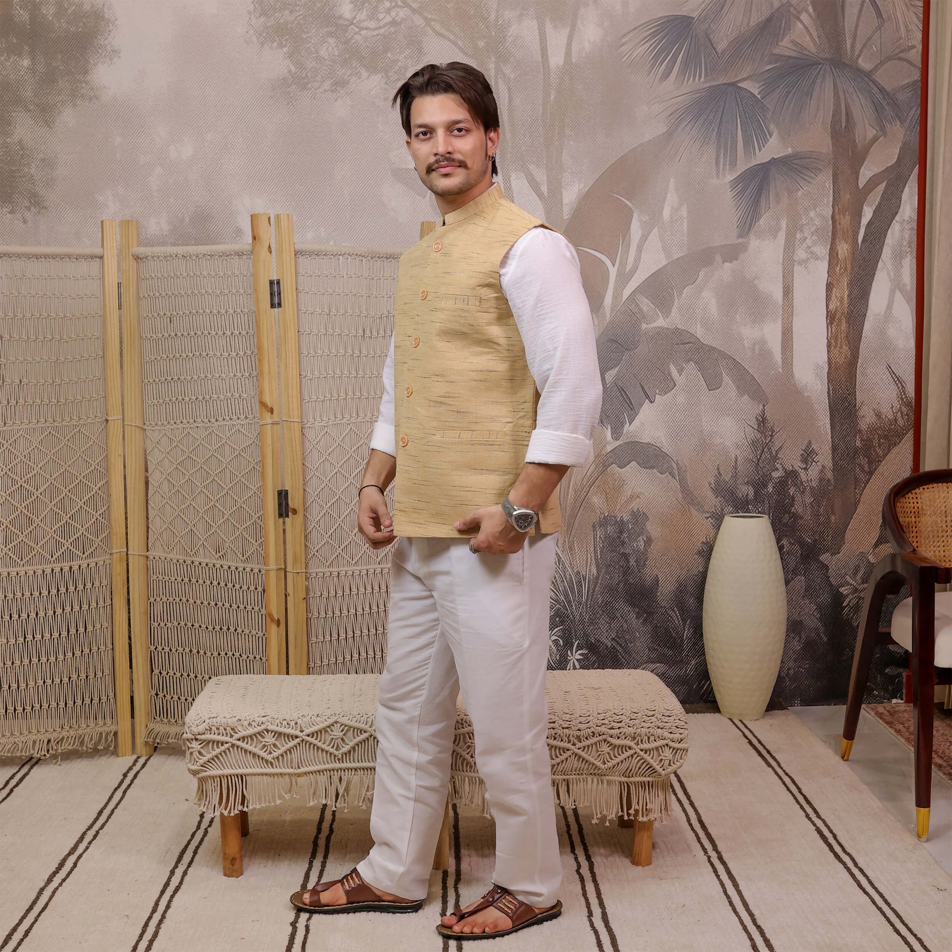 Side view of Brown Handloom Cotton Bhagalpur Modi Jacket for Men | Kargham in a traditional ethnic look.