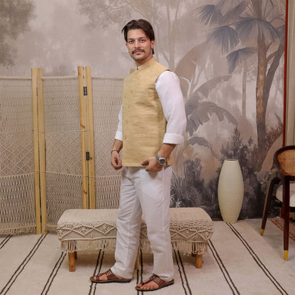 Side view of Brown Handloom Cotton Bhagalpur Modi Jacket for Men | Kargham in a traditional ethnic look.