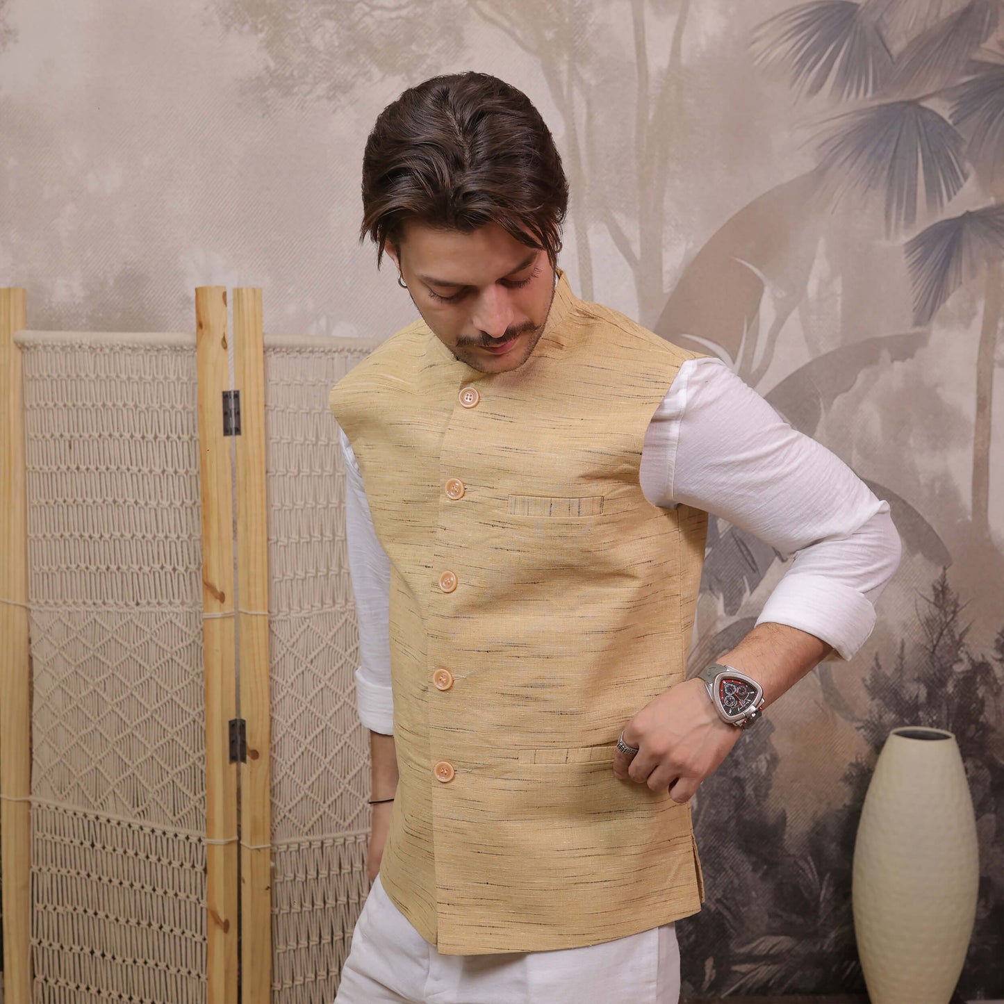 Brown Handloom Cotton Bhagalpur Nehru Jacket for Men | Kargham showcasing the handloom weave and classic fit.