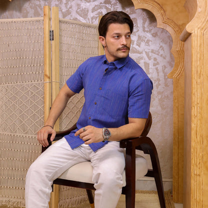 Blue Threadline Handloom Cotton Half Sleeves Shirt for Men | Kargham