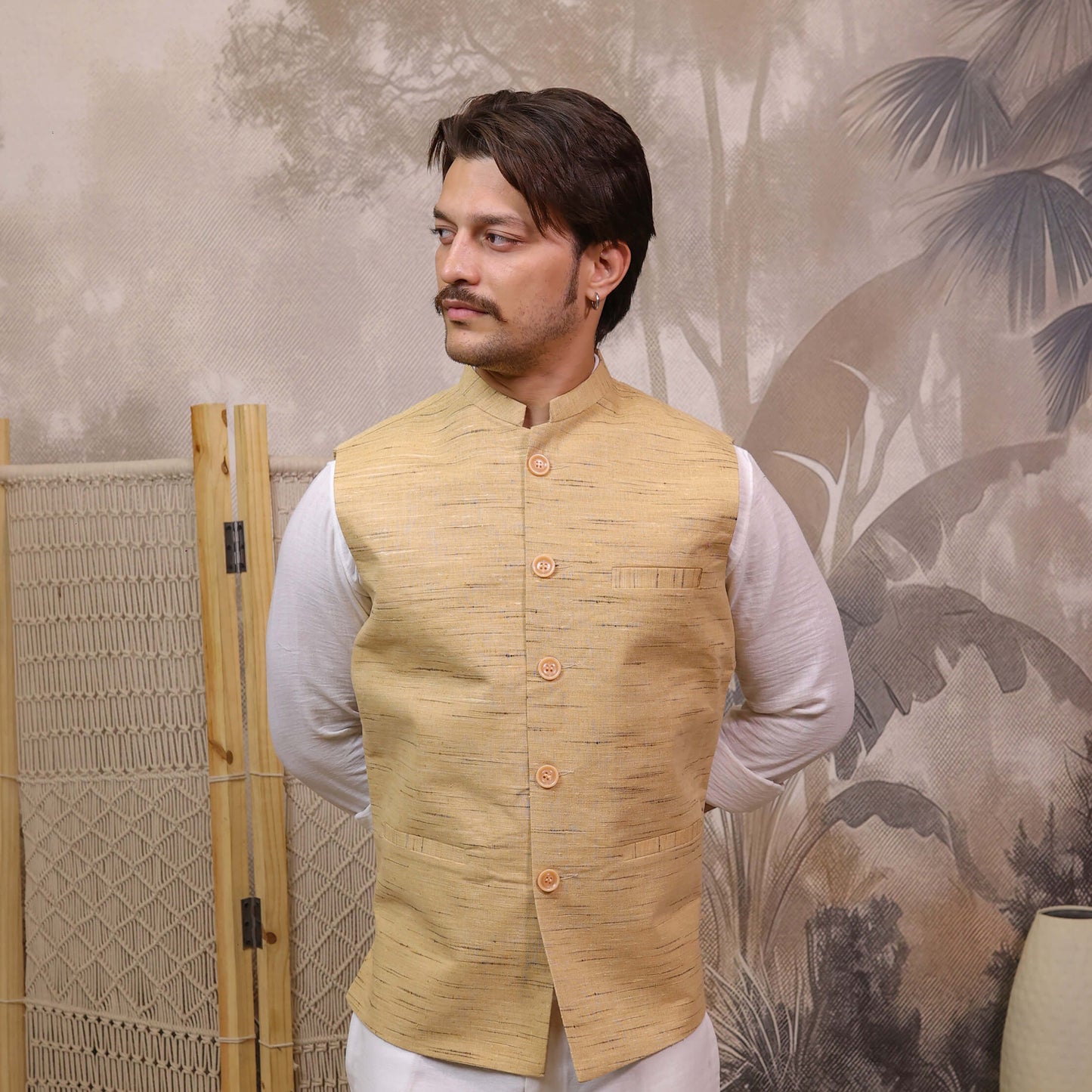 Brown Handloom Cotton Bhagalpur Nehru Jacket for Men | Kargham featuring a Mandarin collar and chest pocket.