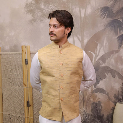 Brown Handloom Cotton Bhagalpur Nehru Jacket for Men | Kargham featuring a Mandarin collar and chest pocket.