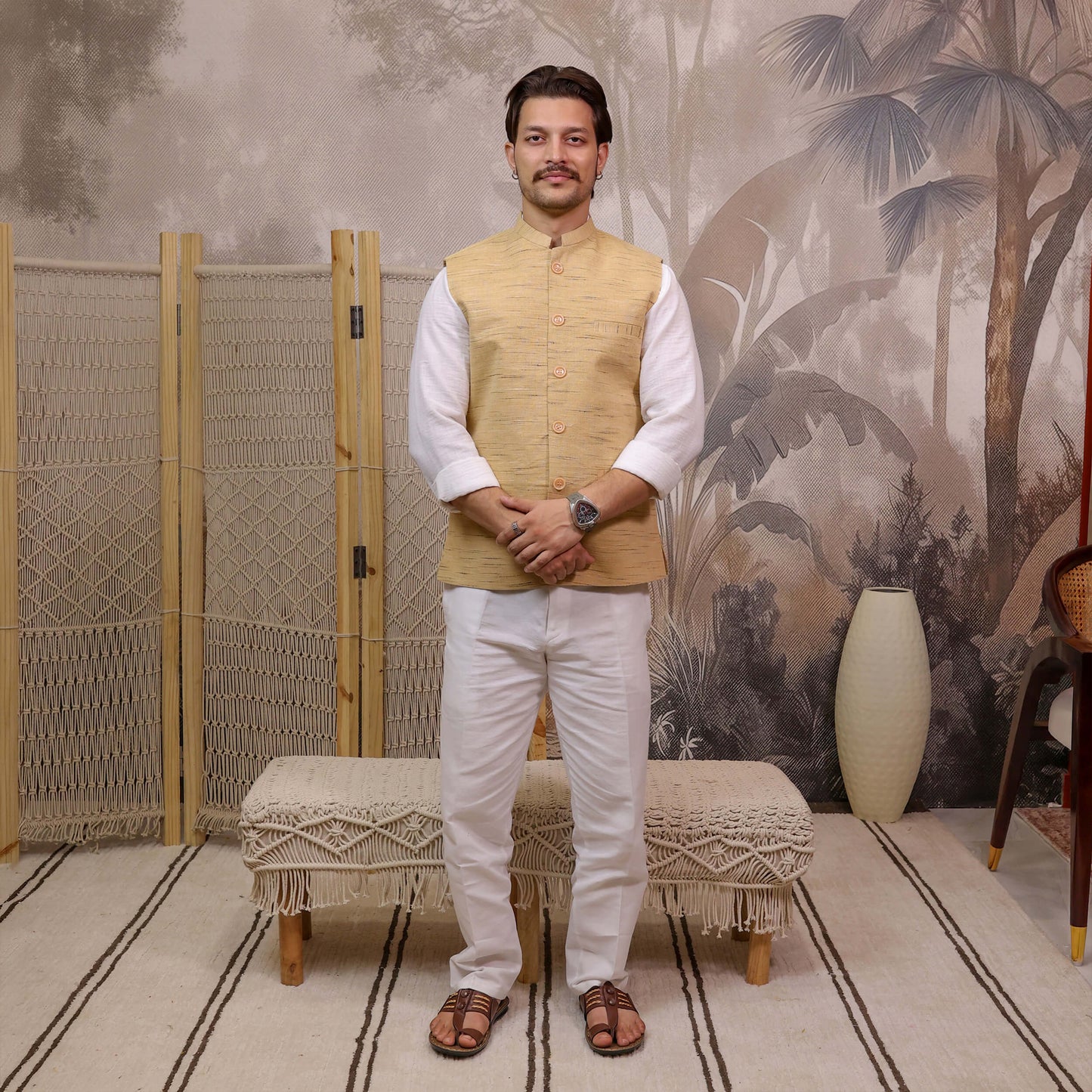 Brown Handloom Cotton Bhagalpur Nehru Jacket for Men | Kargham styled with a white kurta and pajama.