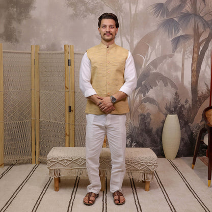 Brown Handloom Cotton Bhagalpur Nehru Jacket for Men | Kargham styled with a white kurta and pajama.