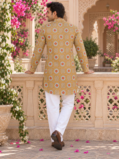Camel Antique Floral Printed Men's Kurta