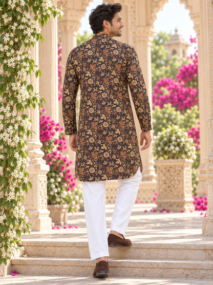 Dark Brown Vintage Printed Men's Kurta