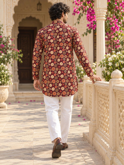 Mahroon Artistic Printed Men's Kurta