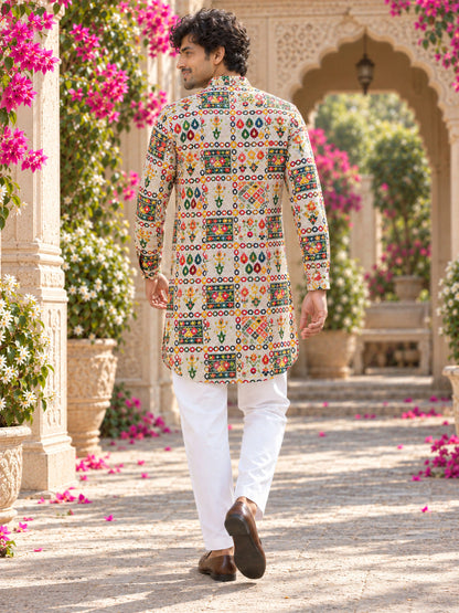 Cream Geometric Printed Men's Kurta