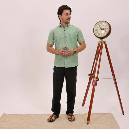 Green Plain Jharna Cotton Half Sleeves Shirt with Black Pant Combo Set