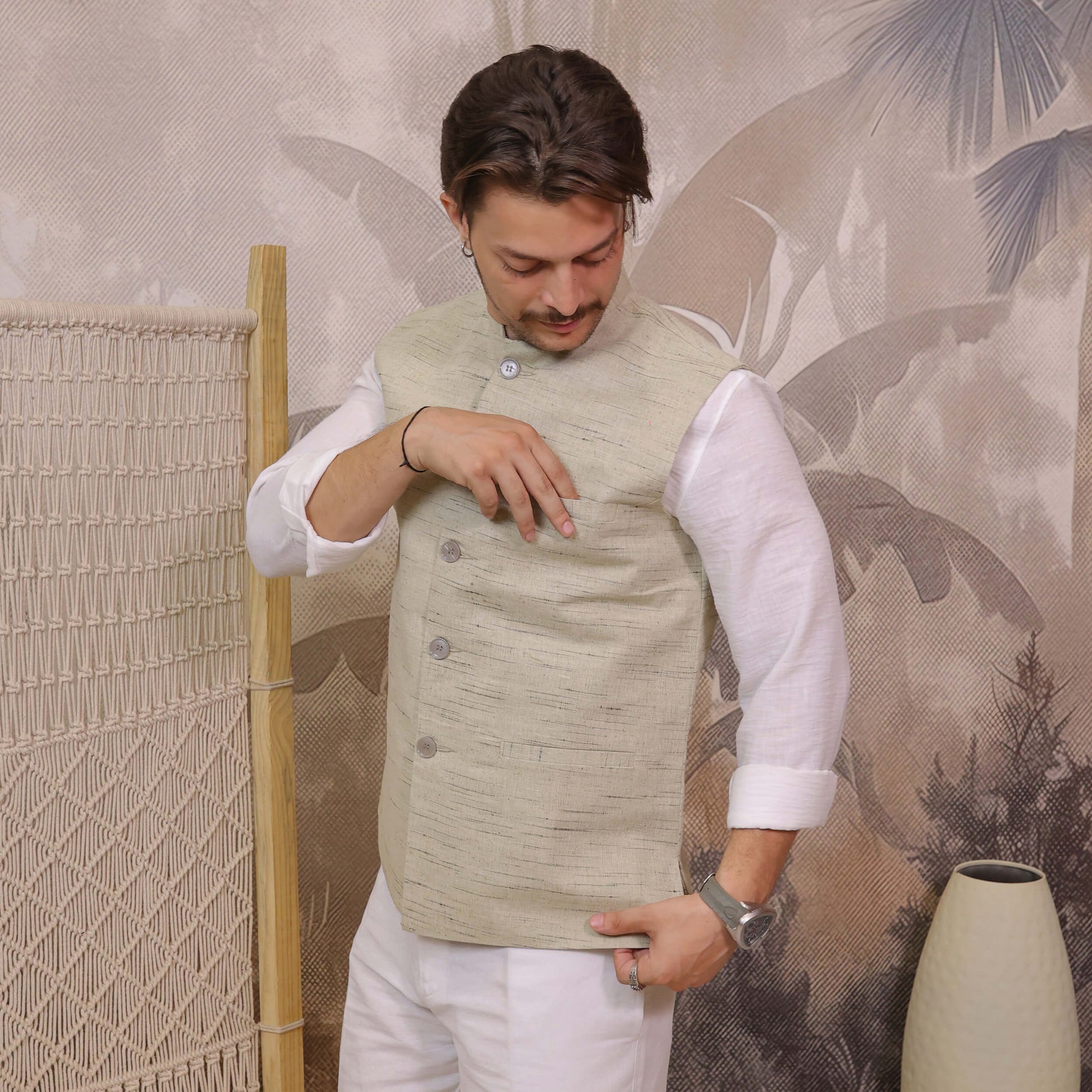 Back view of Sand Handloom Cotton Bhagalpur Modi Jacket for Men.