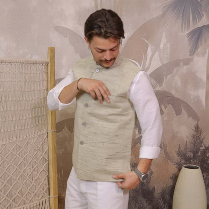 Back view of Sand Handloom Cotton Bhagalpur Modi Jacket for Men.