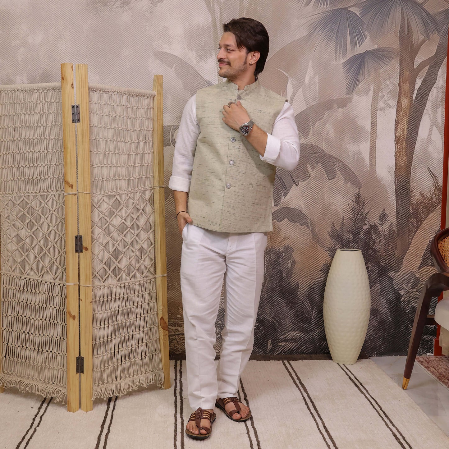 Full-length Sand Handloom Cotton Bhagalpur Modi Jacket for Men.
