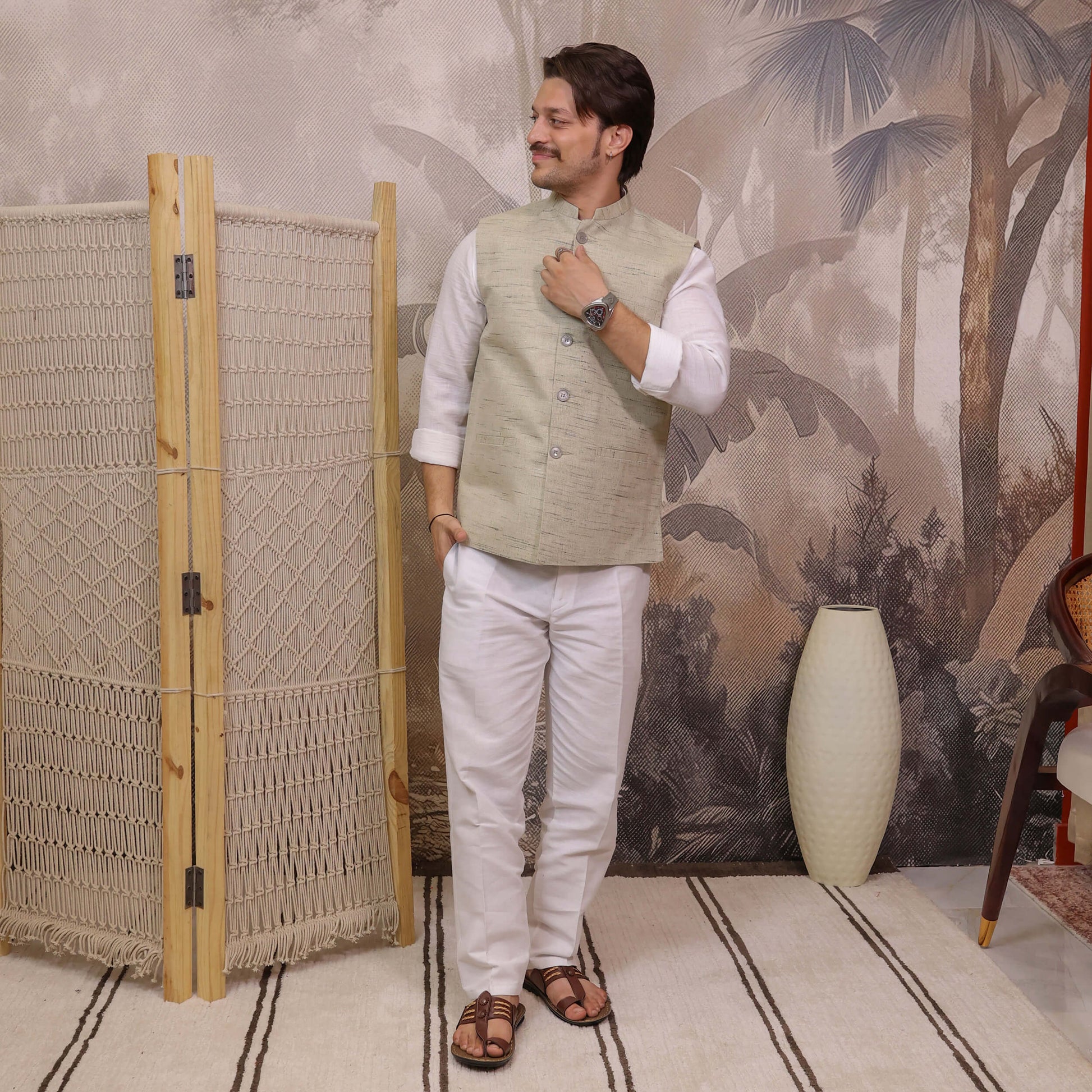 Full-length Sand Handloom Cotton Bhagalpur Modi Jacket for Men.