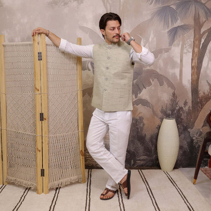 Side pose of Sand Handloom Cotton Bhagalpur Modi Jacket for Men.