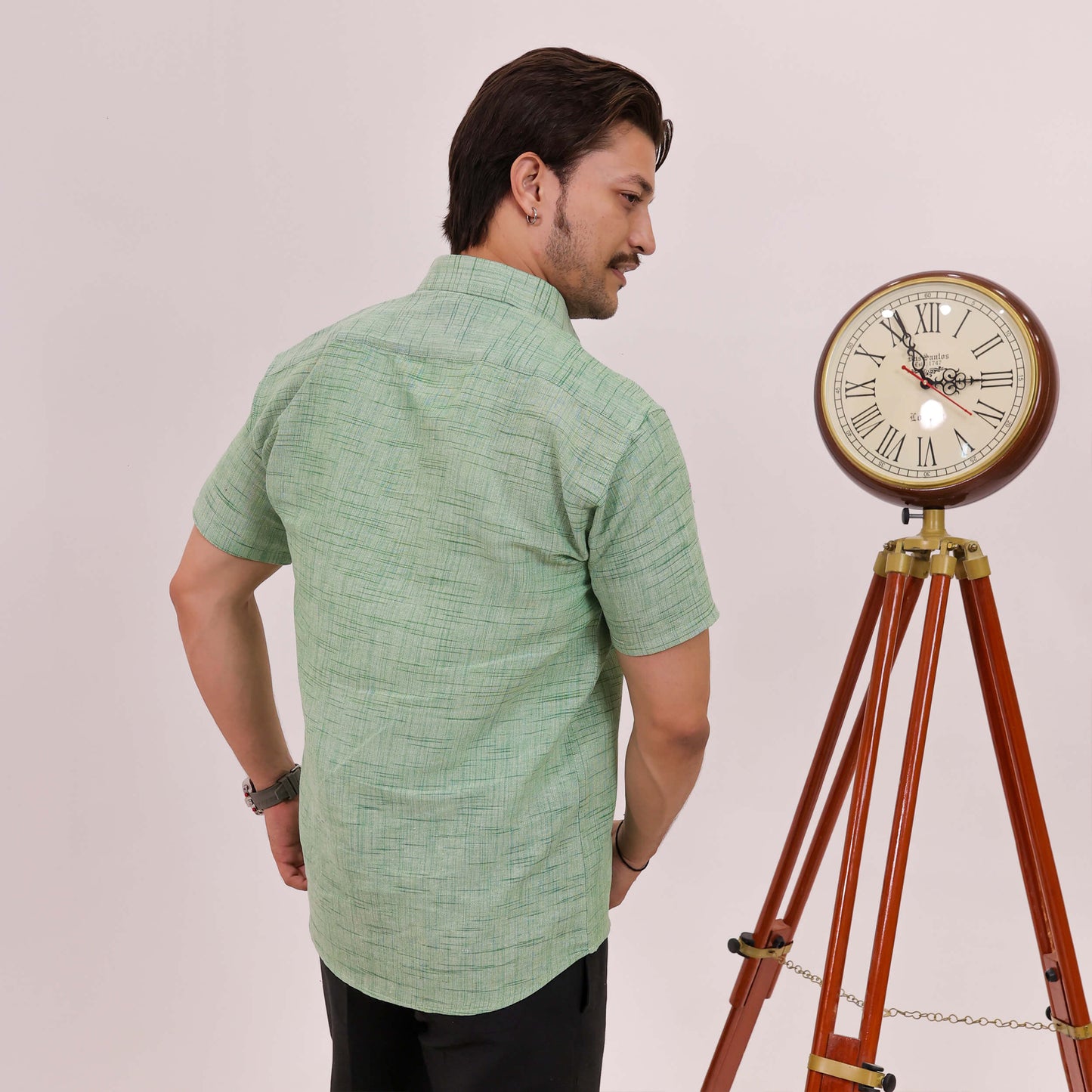 Green Plain Jharna Cotton Half Sleeves Shirt with Black Pant Combo Set