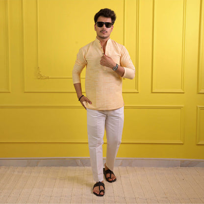Yellow Plain Jharna Full Sleeves Kurta Pant Combo Set