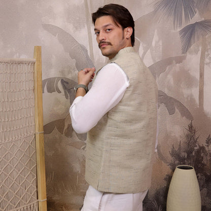 Sand Handloom Cotton Bhagalpur Modi Jacket for Men with front pocket.