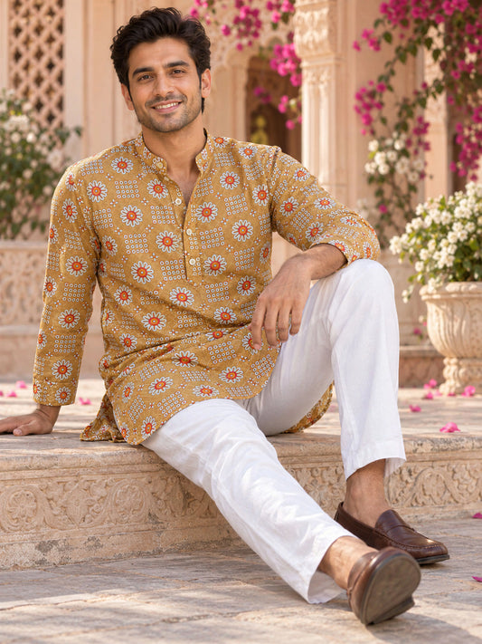 Camel Antique Floral Printed Men's Kurta