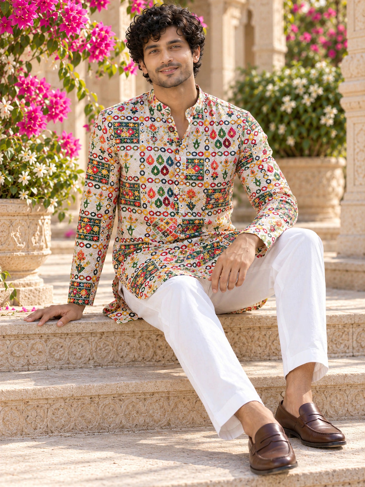 Cream Geometric Printed Men's Kurta