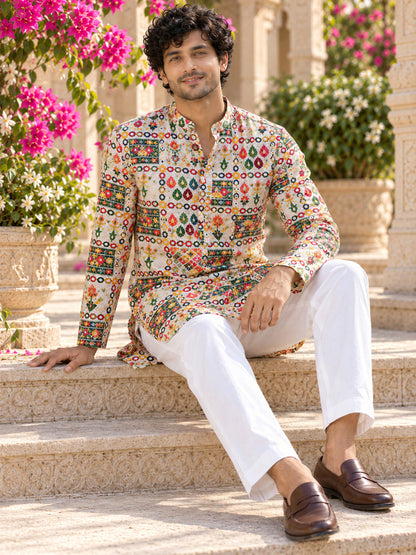 Cream Geometric Printed Men's Kurta
