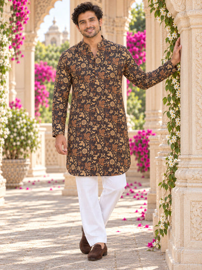 Dark Brown Vintage Printed Men's Kurta