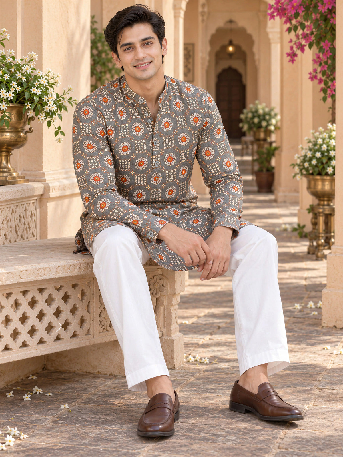 Grey Classic Printed Men's Kurta