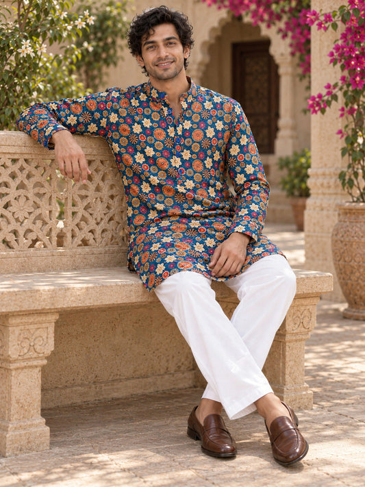 Blue Royal Printed Men's Kurta