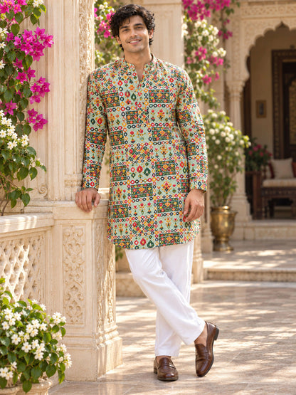 Green Vintage Printed Men's Kurta