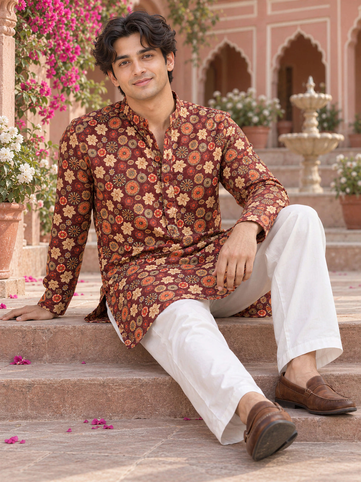 Mahroon Artistic Printed Men's Kurta