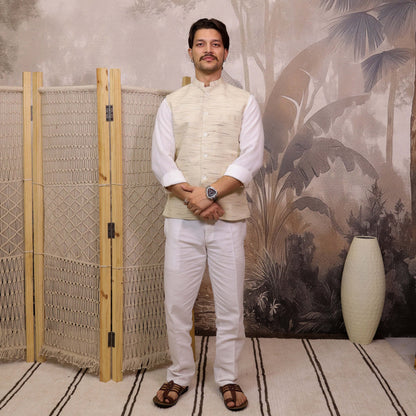 Full-length view of Cream Handloom Cotton Bhagalpur Modi Jacket for Men | Kargham.