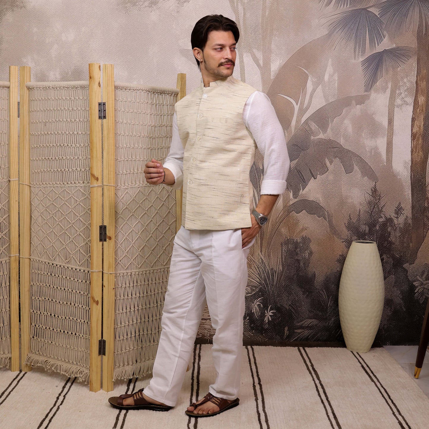 Side view of Cream Handloom Cotton Bhagalpur Modi Jacket for Men | Kargham.