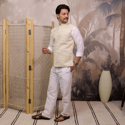 Side view of Cream Handloom Cotton Bhagalpur Modi Jacket for Men | Kargham.