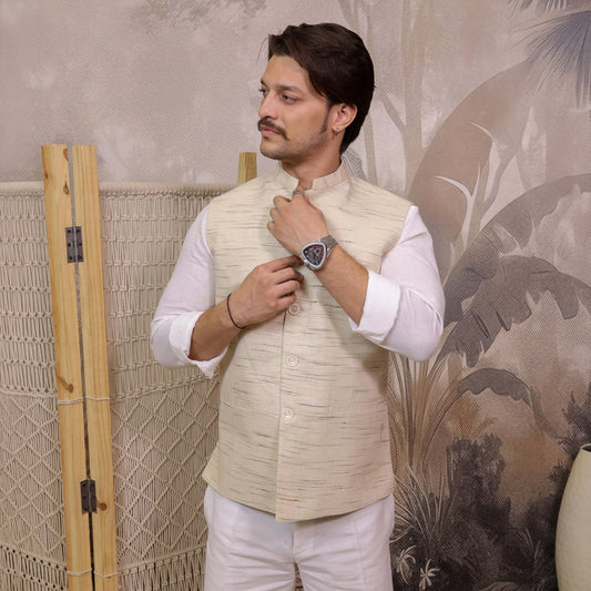 Cream Handloom Cotton Bhagalpur Modi Jacket for Men | Kargham with Mandarin collar.