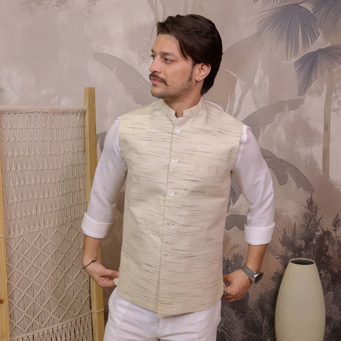 Cream Handloom Cotton Bhagalpur Modi Jacket for Men | Kargham showcasing handloom texture.