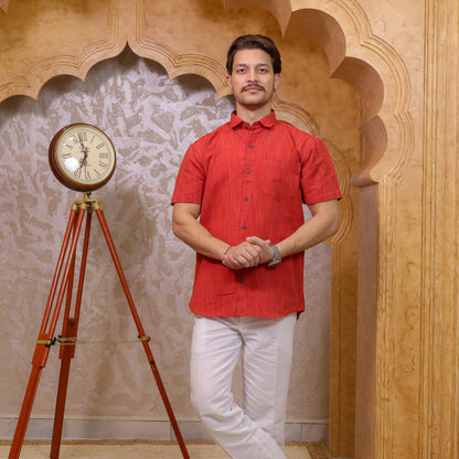 Red Threadline Handloom Cotton Half Sleeves Shirt for Men | Kargham
