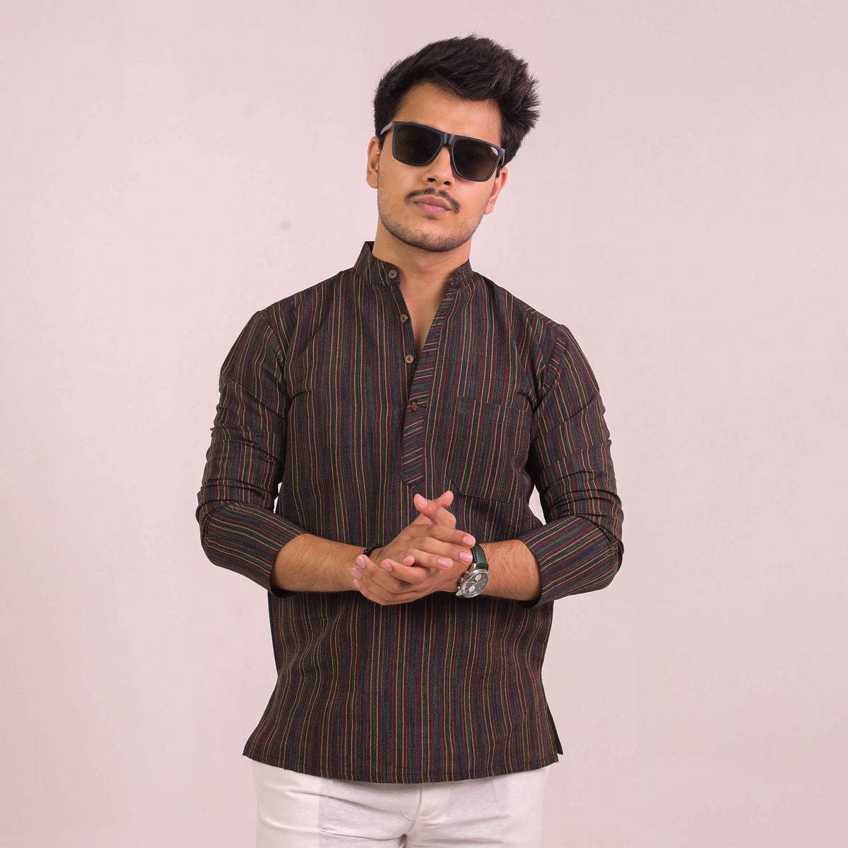 Black Breeze Striped Full Sleeves Short Kurta