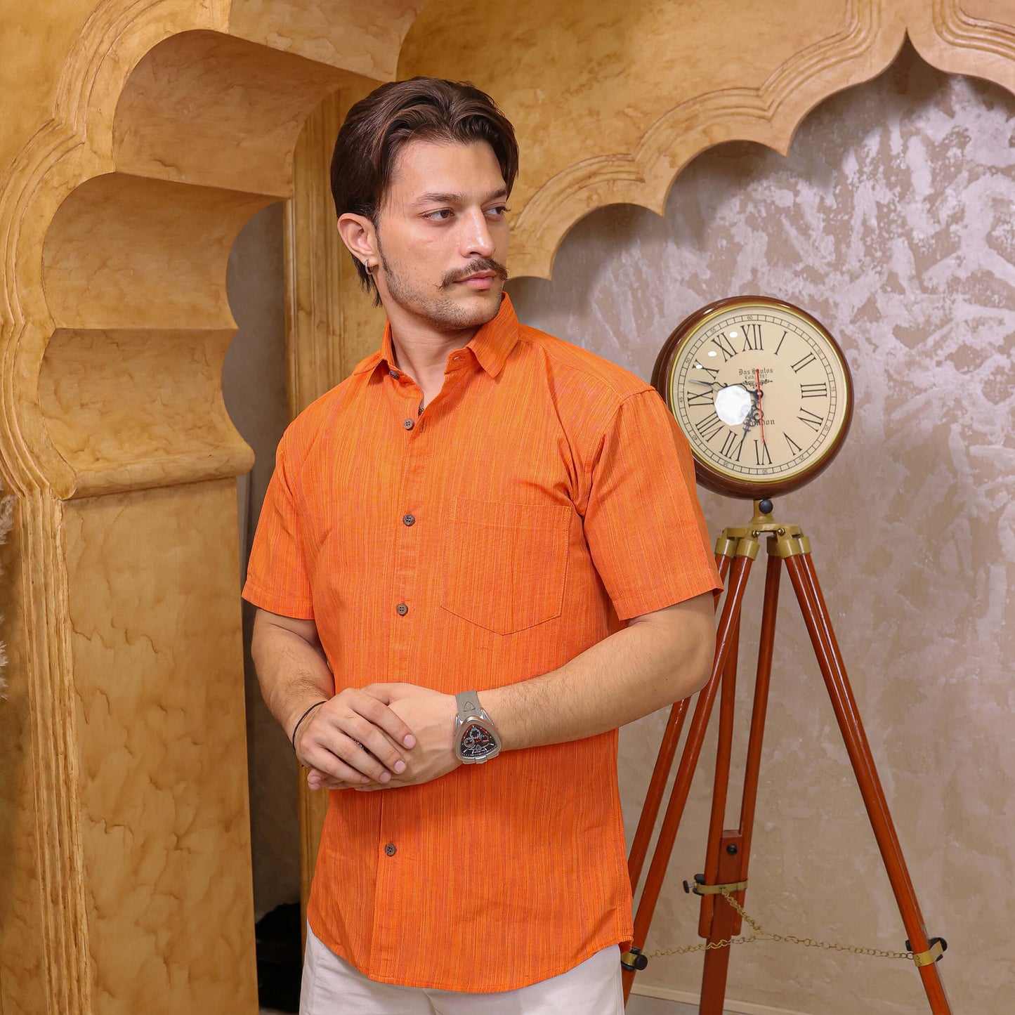 Orange Threadline Handloom Cotton Half Sleeves Shirt for Men | Kargham