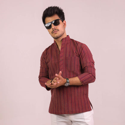 Maroon Breeze Striped Full Sleeves Short Kurta