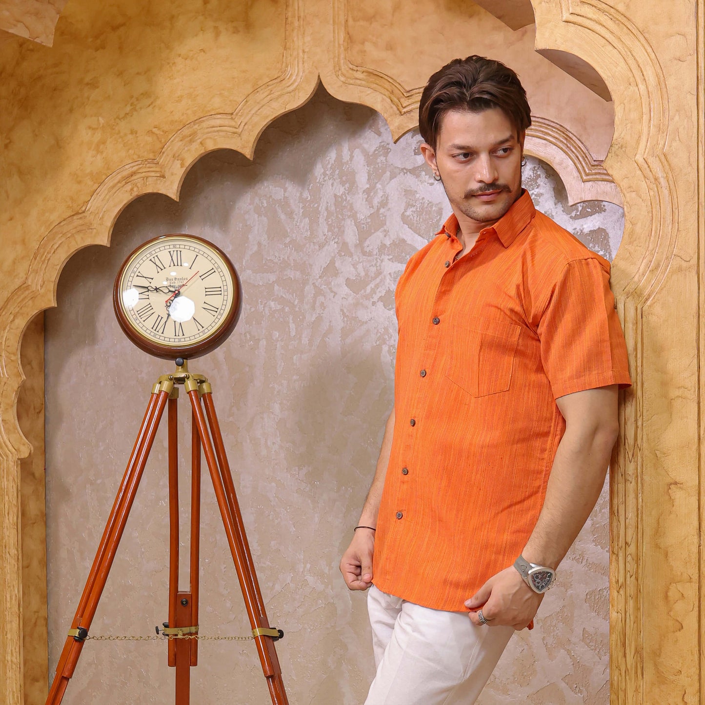 Orange Threadline Handloom Cotton Half Sleeves Shirt for Men | Kargham