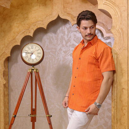 Orange Threadline Handloom Cotton Half Sleeves Shirt for Men | Kargham