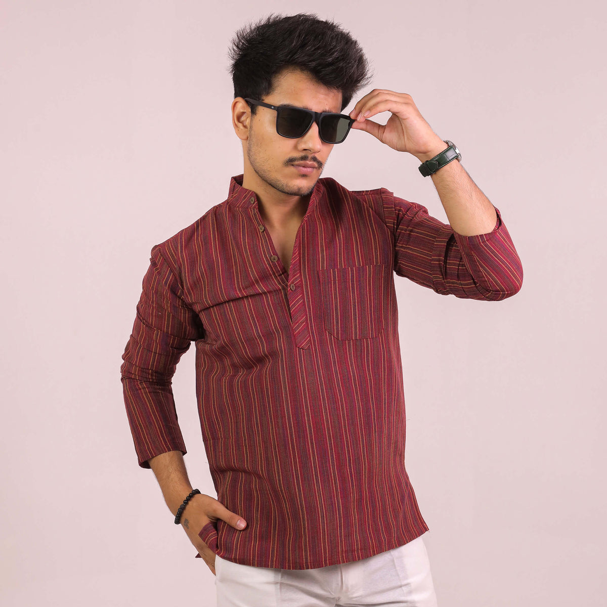 Maroon Breeze Striped Full Sleeves Short Kurta