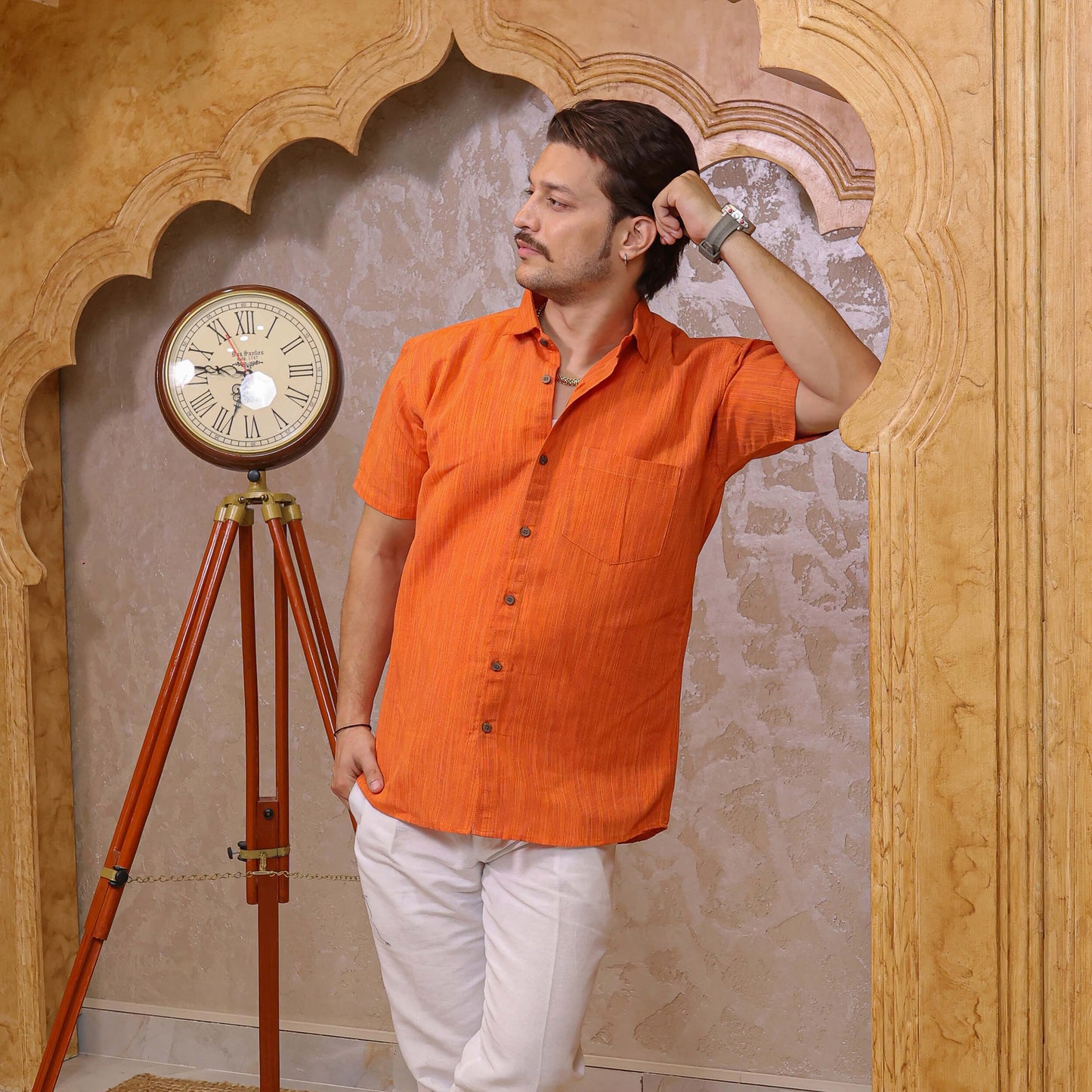 Orange Threadline Handloom Cotton Half Sleeves Shirt for Men | Kargham